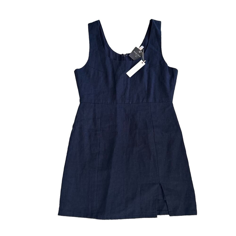 New OLIVACEOUS Women's Lined Dress Sz L Navy Ramie Cotton Slit NWT